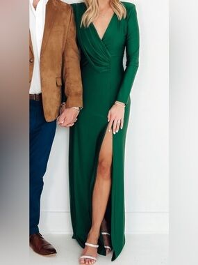 Elegant Deep Green Long Sleeve Wrap Maxi Dress